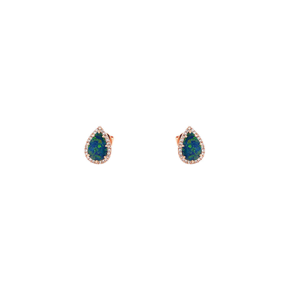 14 Karat Rose Gold Halo Earrings With Black Opal Doublets And Diamonds