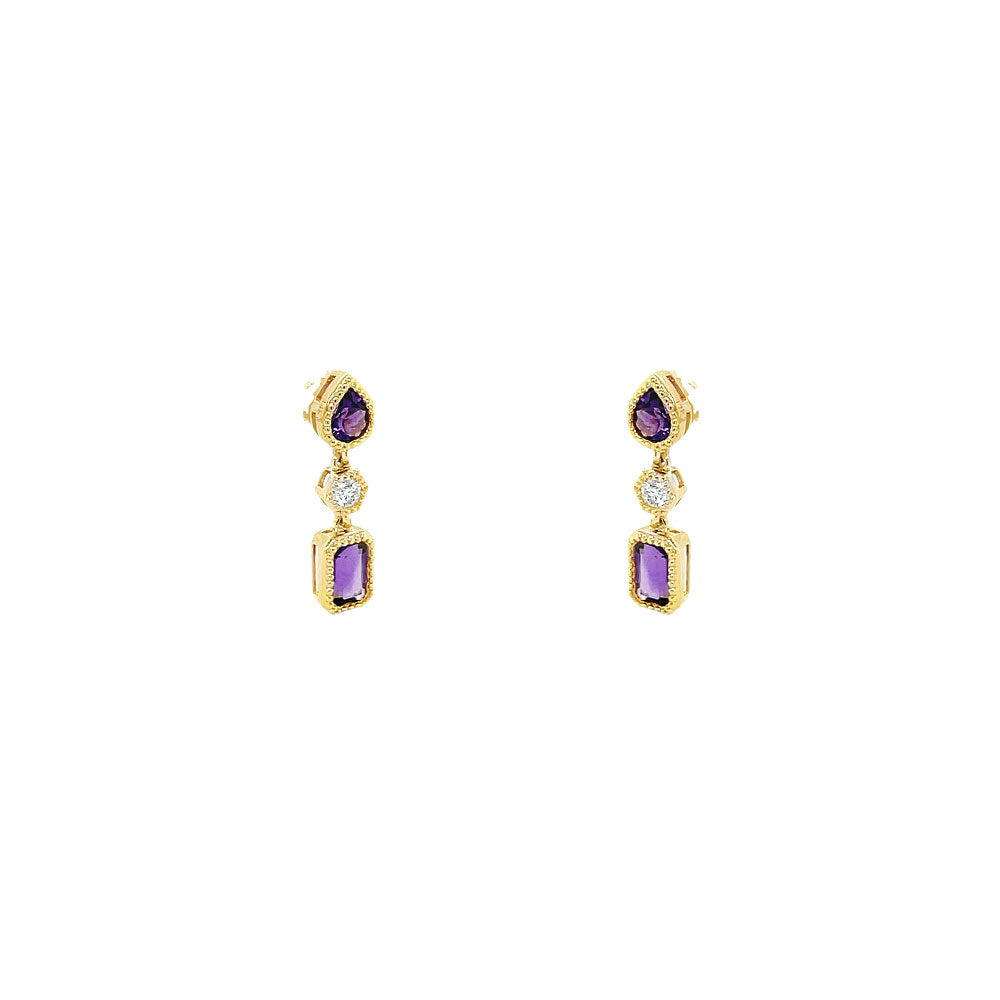 14 Karat Yellow Gold Drop Earrings with Amethysts and Diamonds