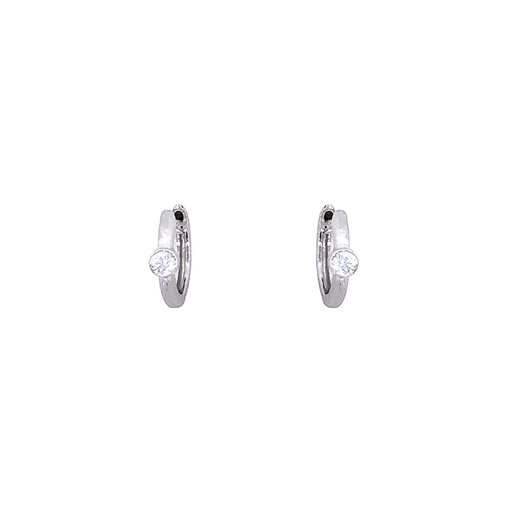 14 Karat White MatteGold Huggy Earrings with Bezel Set Diamond