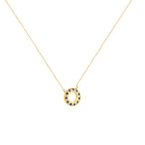 14 Karat Yellow Gold Open Halo Necklace With Blue Sapphires And Diamonds