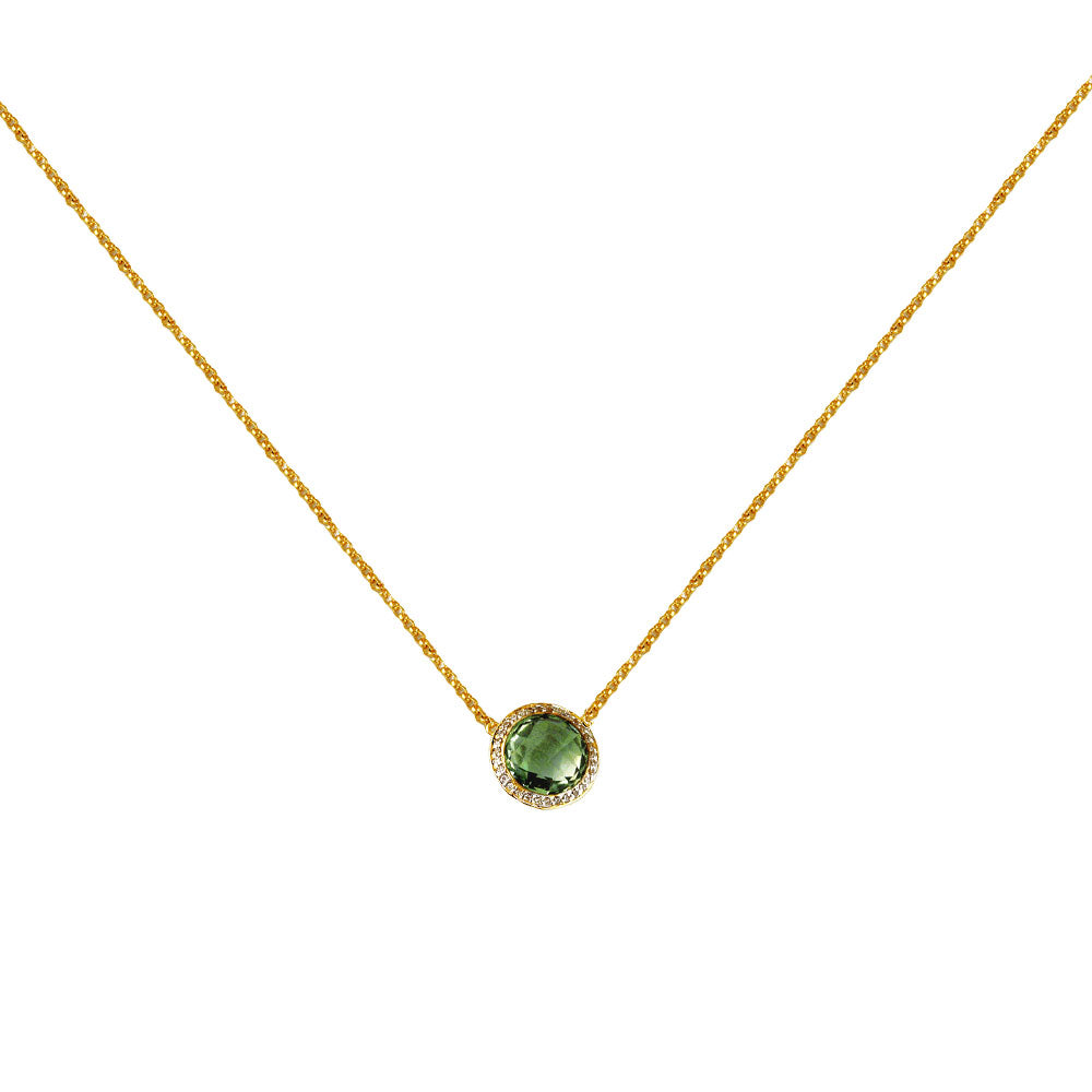 14 Karat Two-Tone Halo Necklace With A Green Amethyst And Diamonds
