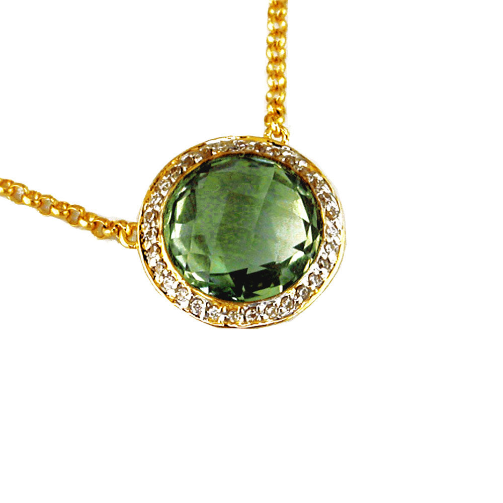 14 Karat Two-Tone Halo Necklace With A Green Amethyst And Diamonds