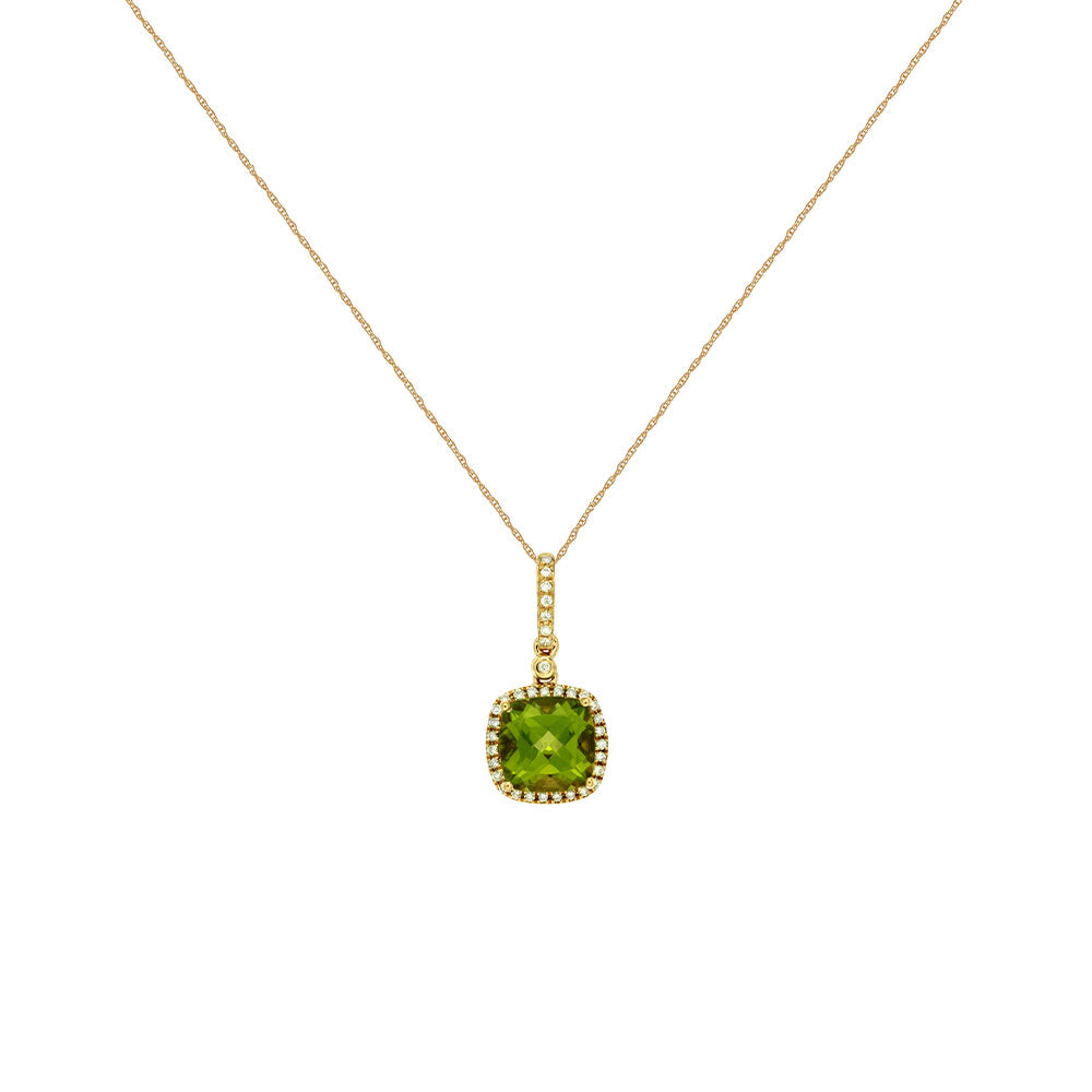 14 Karat Yellow Gold Halo & Drop Necklace With Peridot And Diamonds