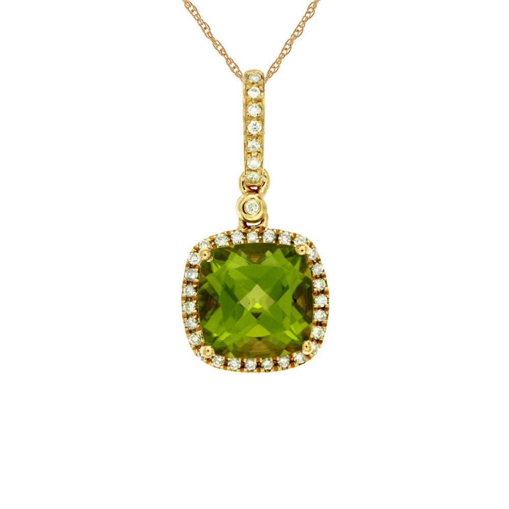 14 Karat Yellow Gold Halo & Drop Necklace With Peridot And Diamonds