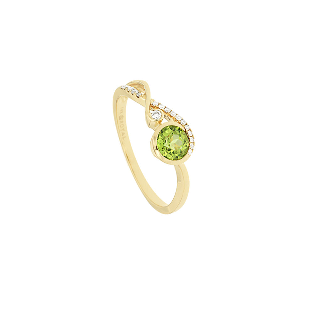 14 Karat Yellow Gold Art-Deco Ring With Peridot And Diamonds