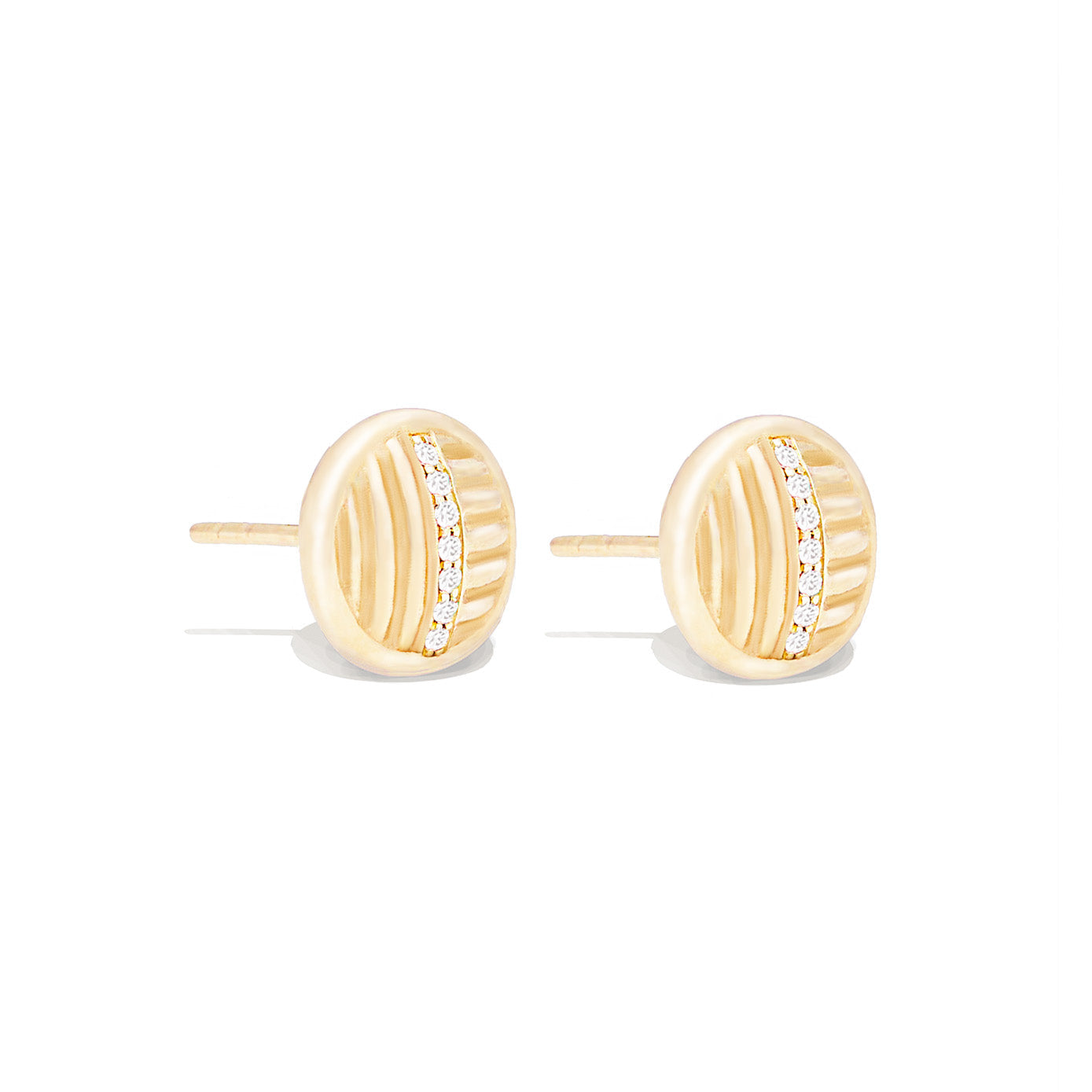14 Karat Yellow Gold Round Ribbed Stud Earring with Diamonds