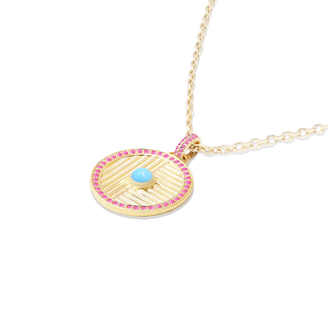 14 Karat Yellow Gold Large Found Disc Necklace with Turquoise & Pink Sapphires