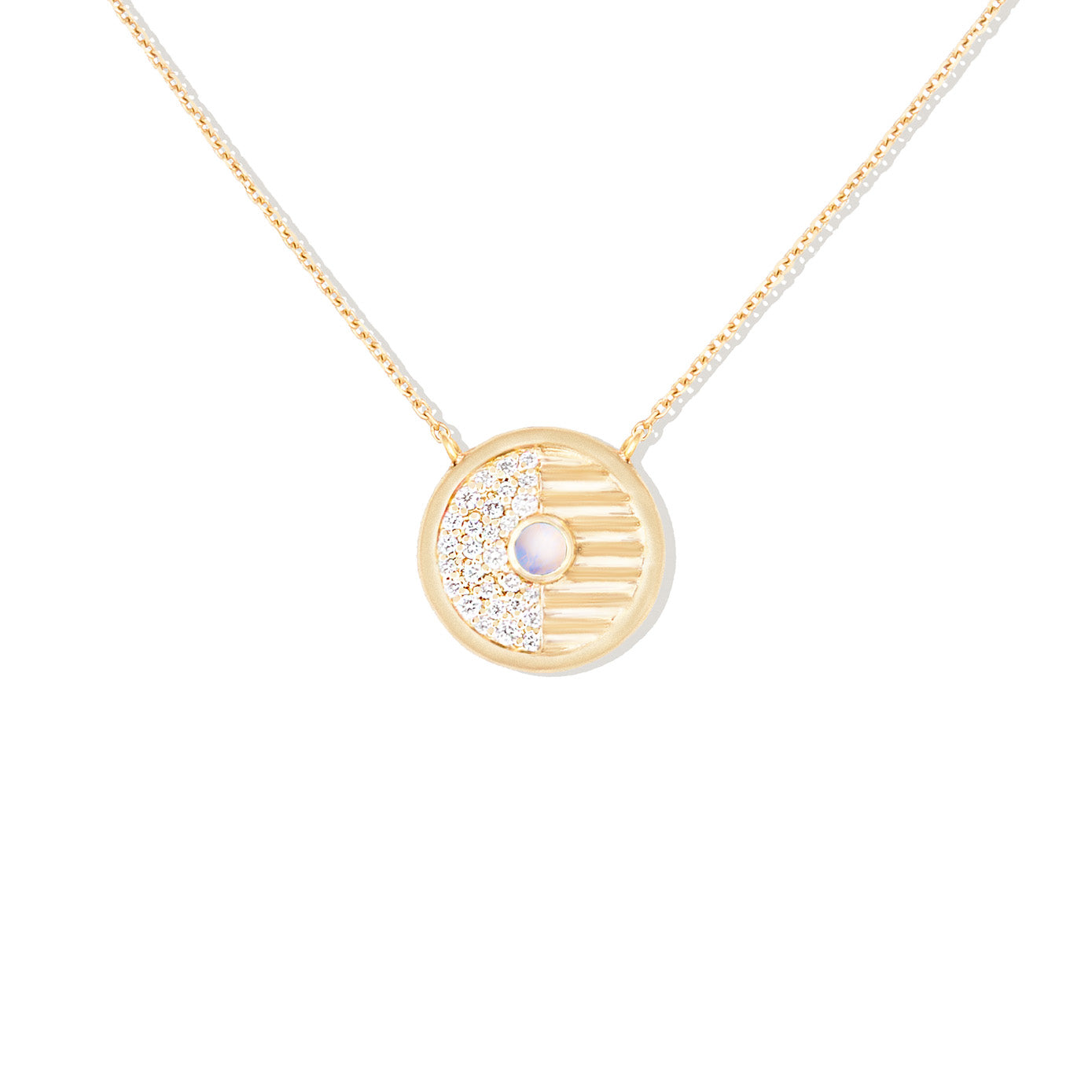 14 Karat Yellow Gold Found Small Disc necklace with moonstone & Diamonds