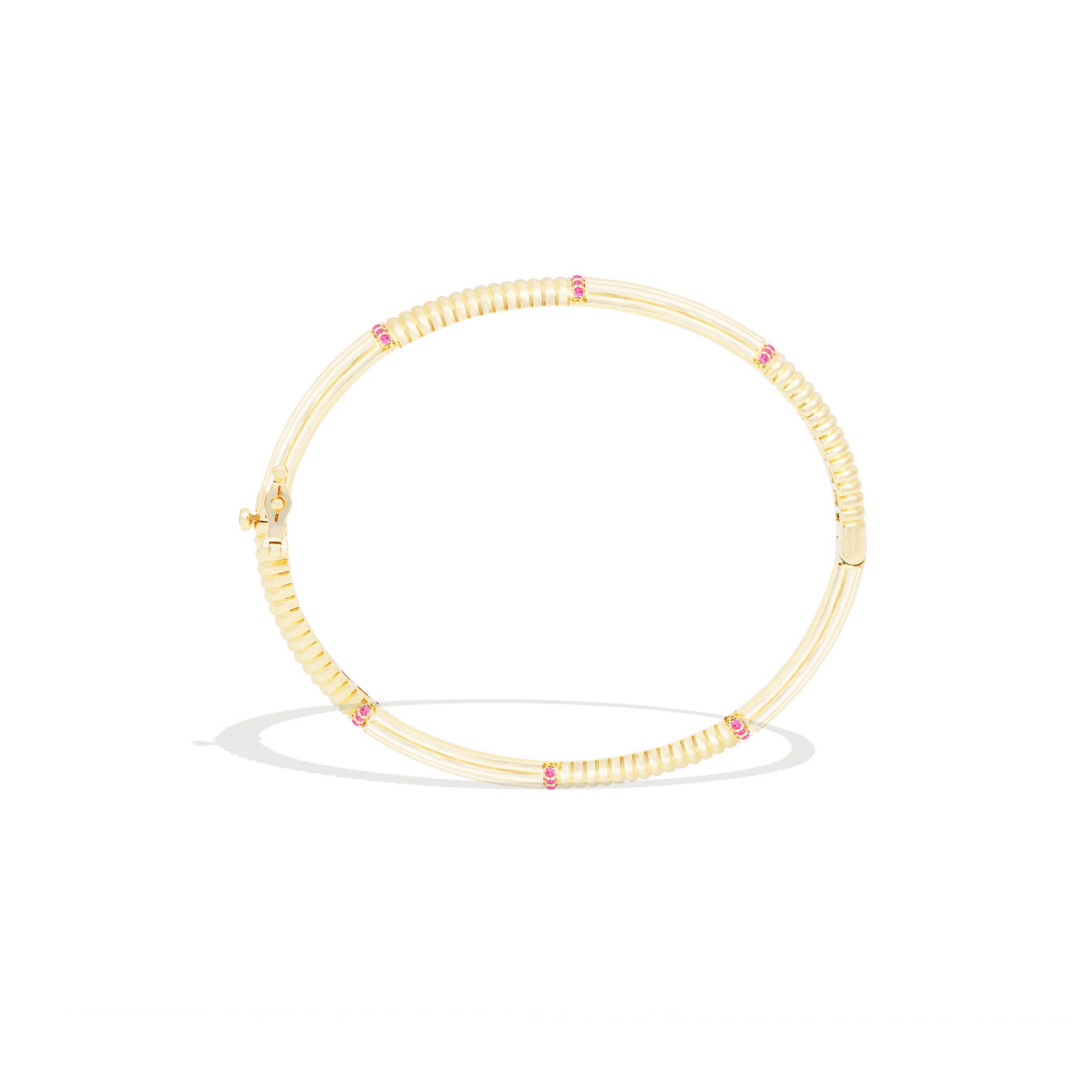 14 Karat Yellow Gold Found Round Hinged Bangle with Pink Sapphires