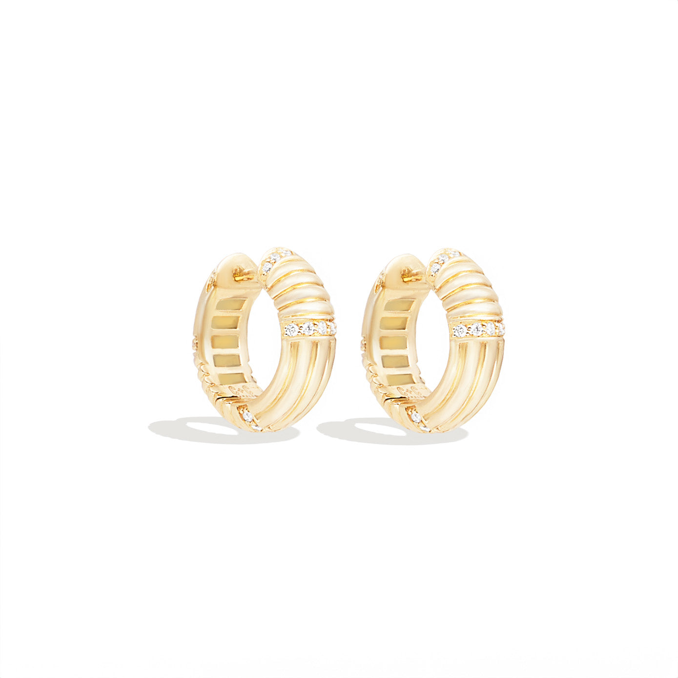14 Karat Yellow Gold Round Ribbed Huggy Diamond Earrings