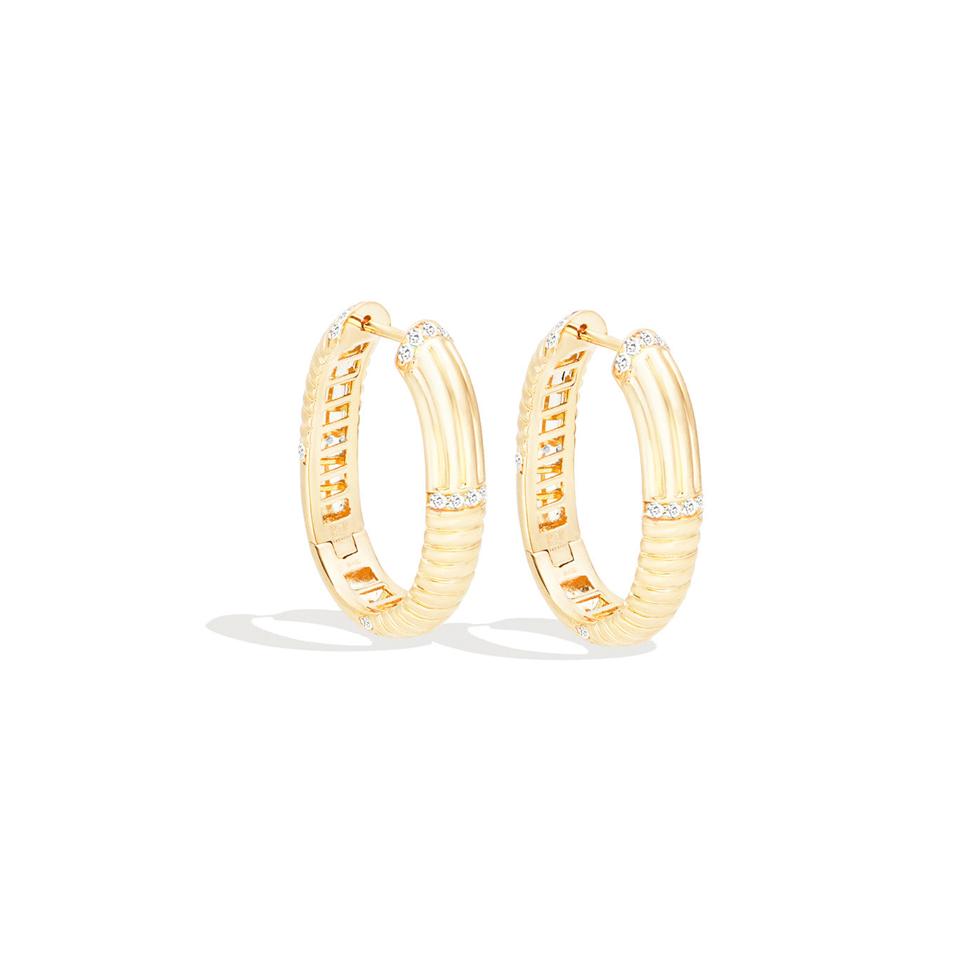 14 Karat Yellow Gold Round Ribbed Oval Hoop Diamond Earrings