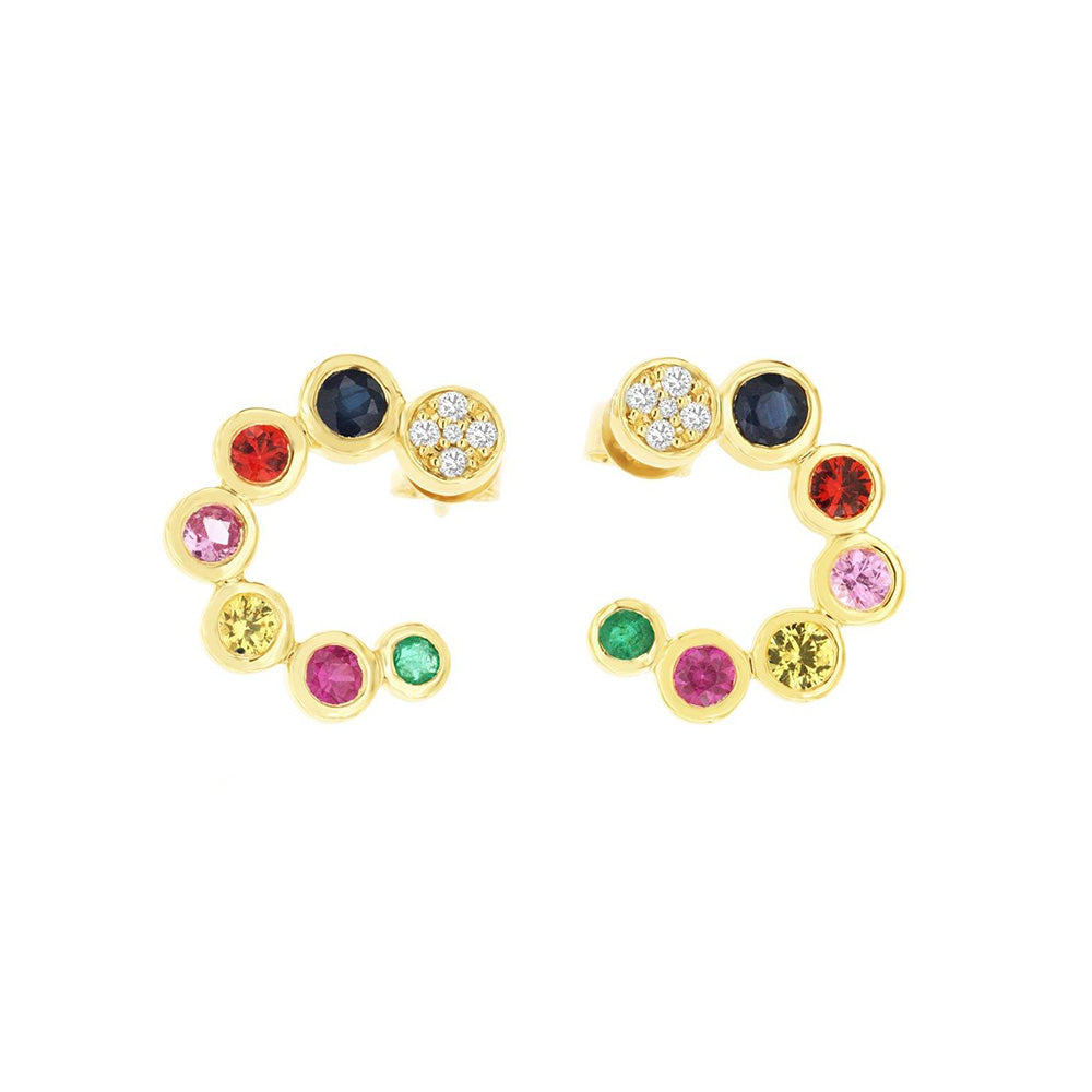 14 Karat Yellow Gold Horn Earrings With Multi Colored Sapphires & Diamonds