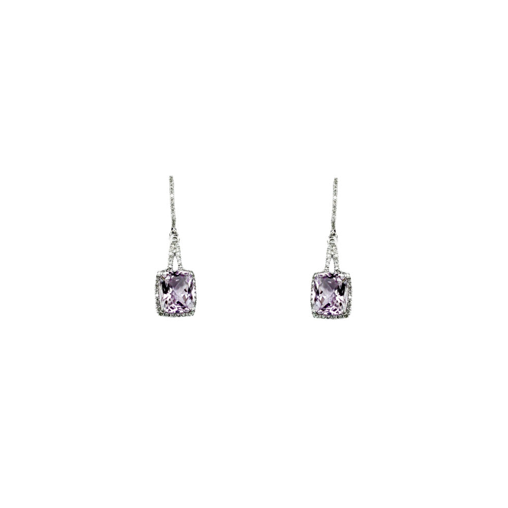 14 Karat White Gold Halo Drop Earrings With Amethysts & Diamonds