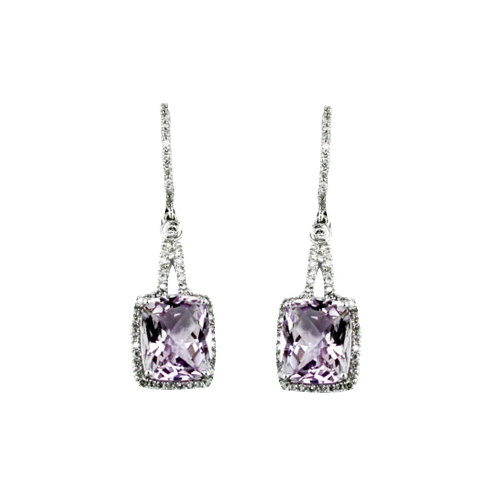 14 Karat White Gold Halo Drop Earrings With Amethysts & Diamonds