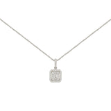 18 Karat White Gold Composite Halo Emerald Necklace With Baguette And Round Diamonds