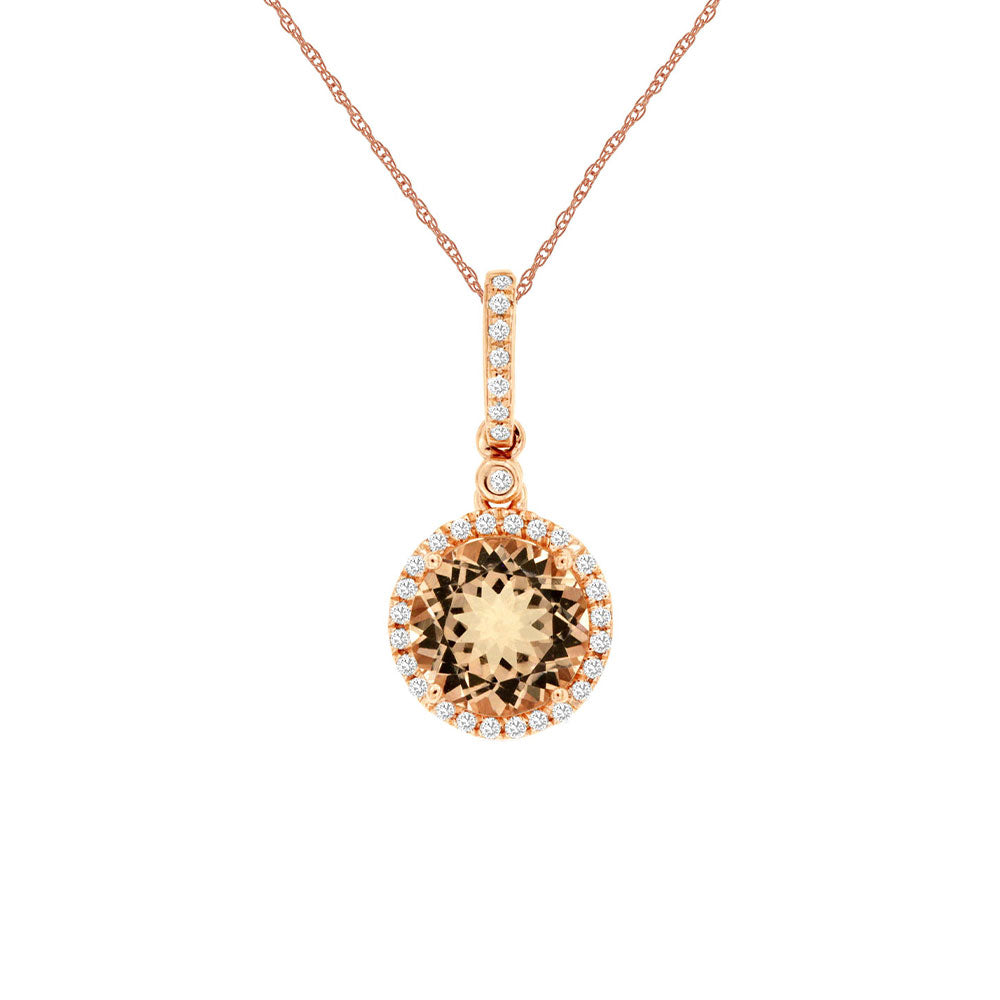 14 Karat Rose Gold Halo Necklace With A Morganite & Diamonds