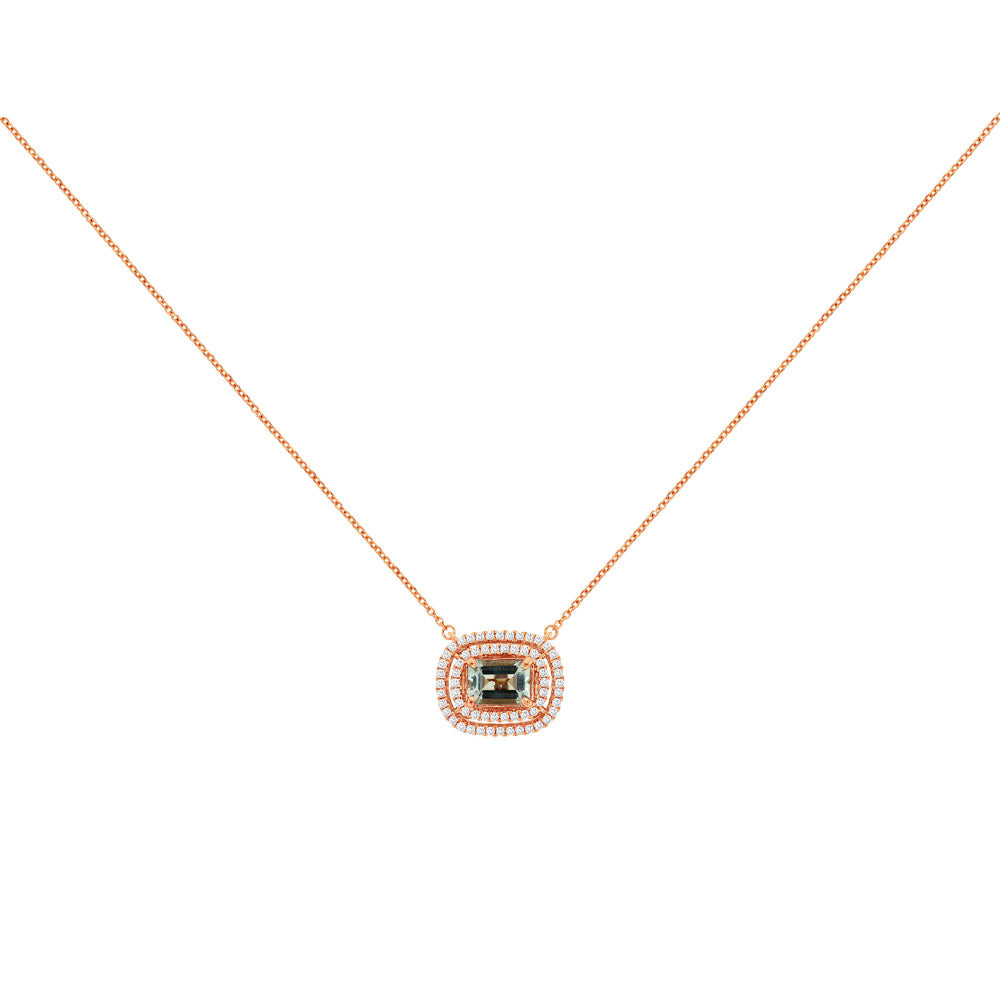 14 Karat Rose Gold Double Halo Necklace With A Aquamarine & Diamonds