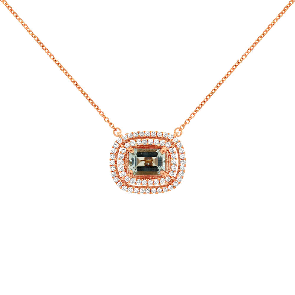 14 Karat Rose Gold Double Halo Necklace With A Aquamarine & Diamonds