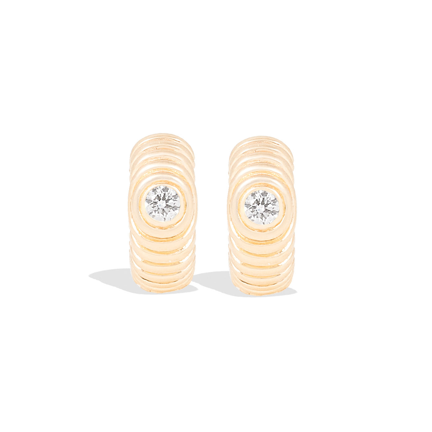 14 Karat Yellow Gold Revel Ribbed Huggy Earrings with Diamond