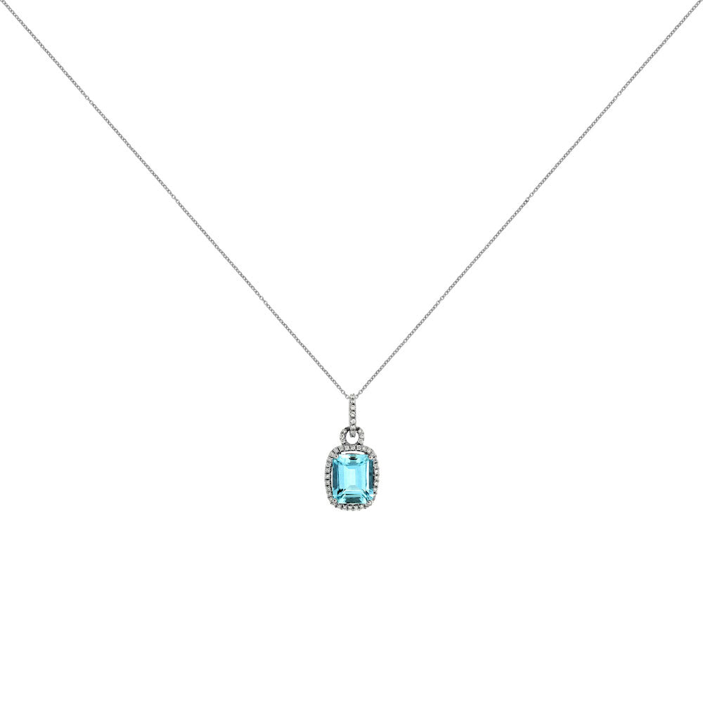 14 Karat White Gold Halo Necklace With A Aquamarine & Diamonds