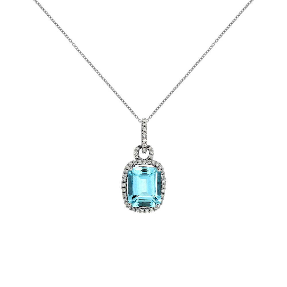 14 Karat White Gold Halo Necklace With A Aquamarine & Diamonds