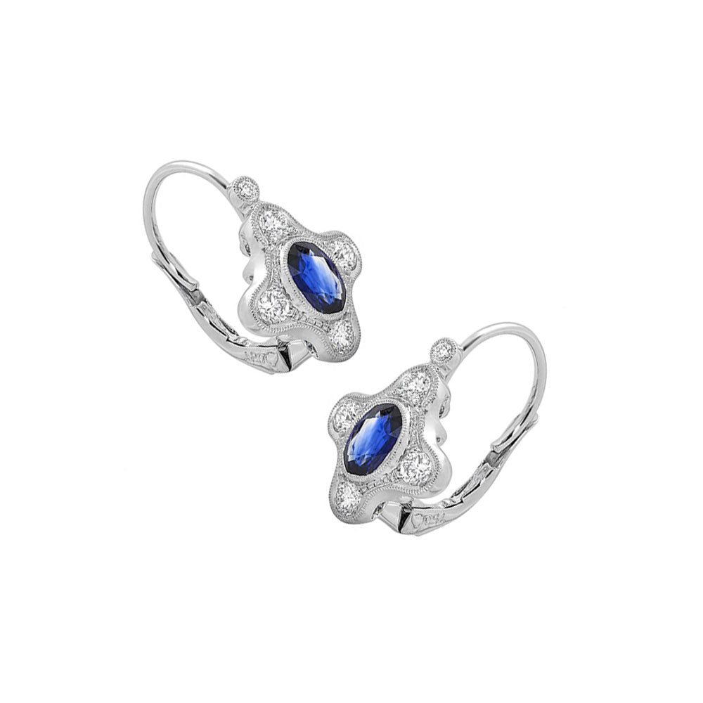 18 Karat White Gold Lever Back Earrings with Blue Sapphire and Diamonds