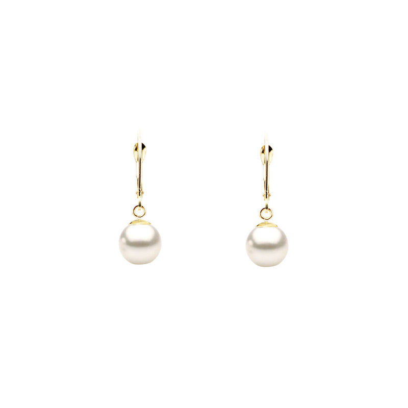 14 Karat Yellow Gold Drop Earrings with White Fresh Water Pearls and DSL Pearl