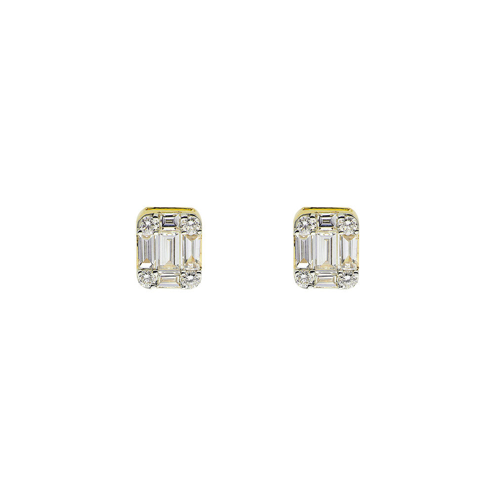 18 Karat Yellow Gold Stud Earrings with Baguette and Round Diamonds