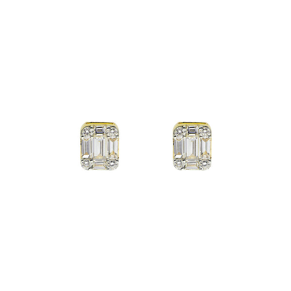 18 Karat Yellow Gold Stud Earrings with Baguette and Round Diamonds