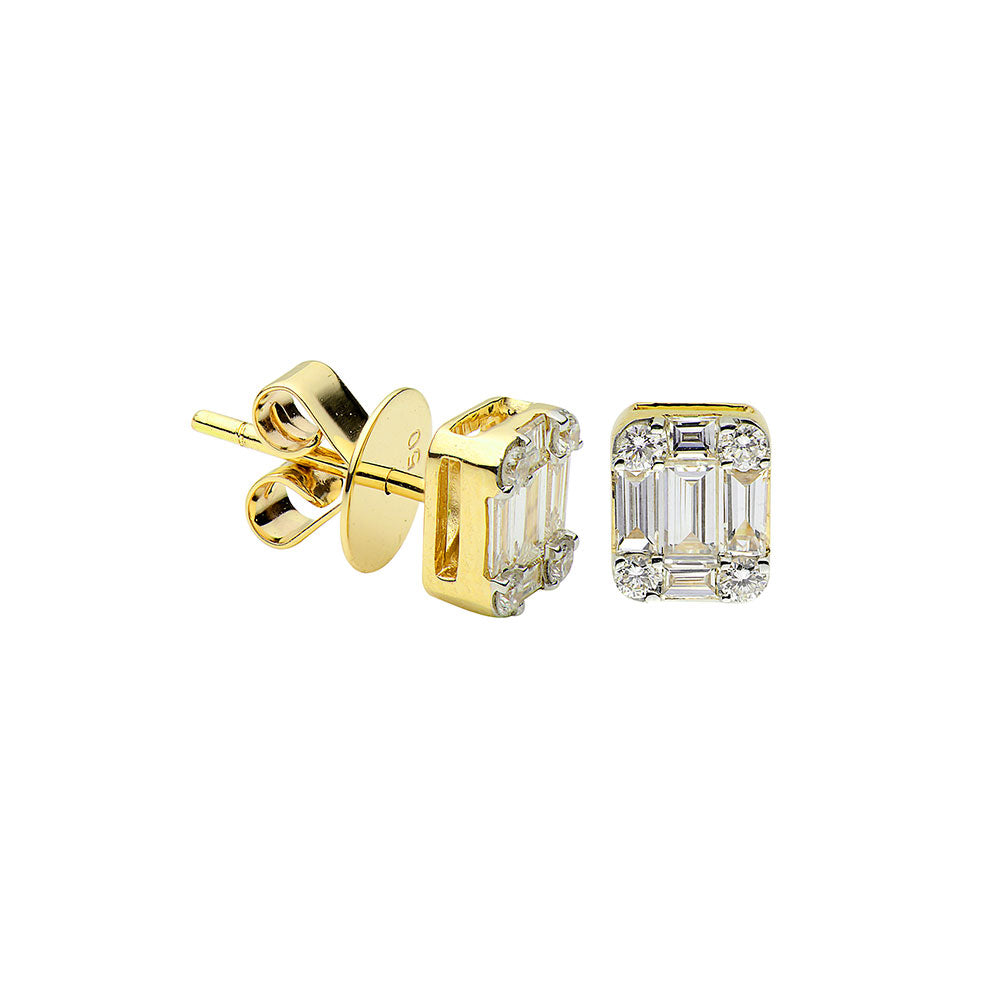18 Karat Yellow Gold Stud Earrings with Baguette and Round Diamonds