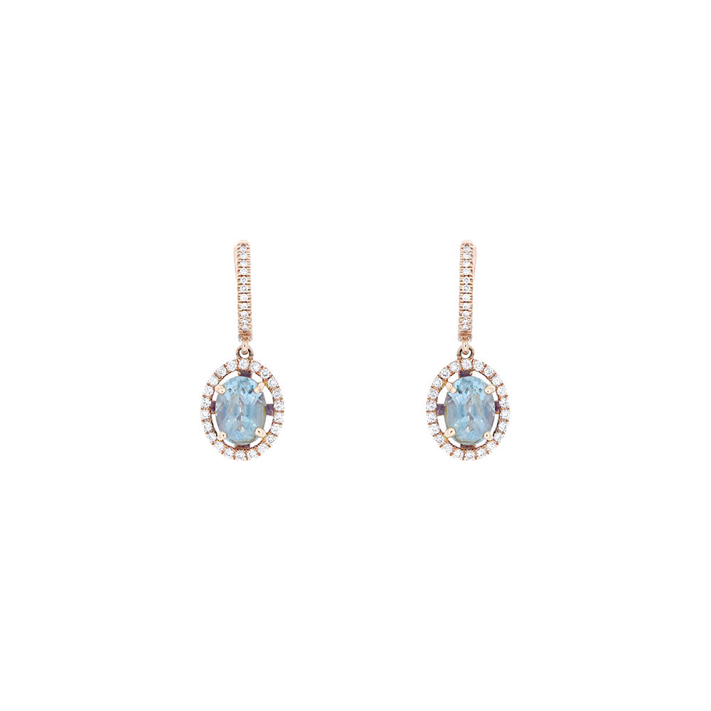14 Karat Rose Gold Drop Earrings with Aquamarine and Diamonds
