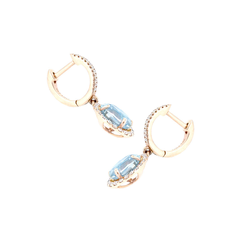 14 Karat Rose Gold Drop Earrings with Aquamarine and Diamonds