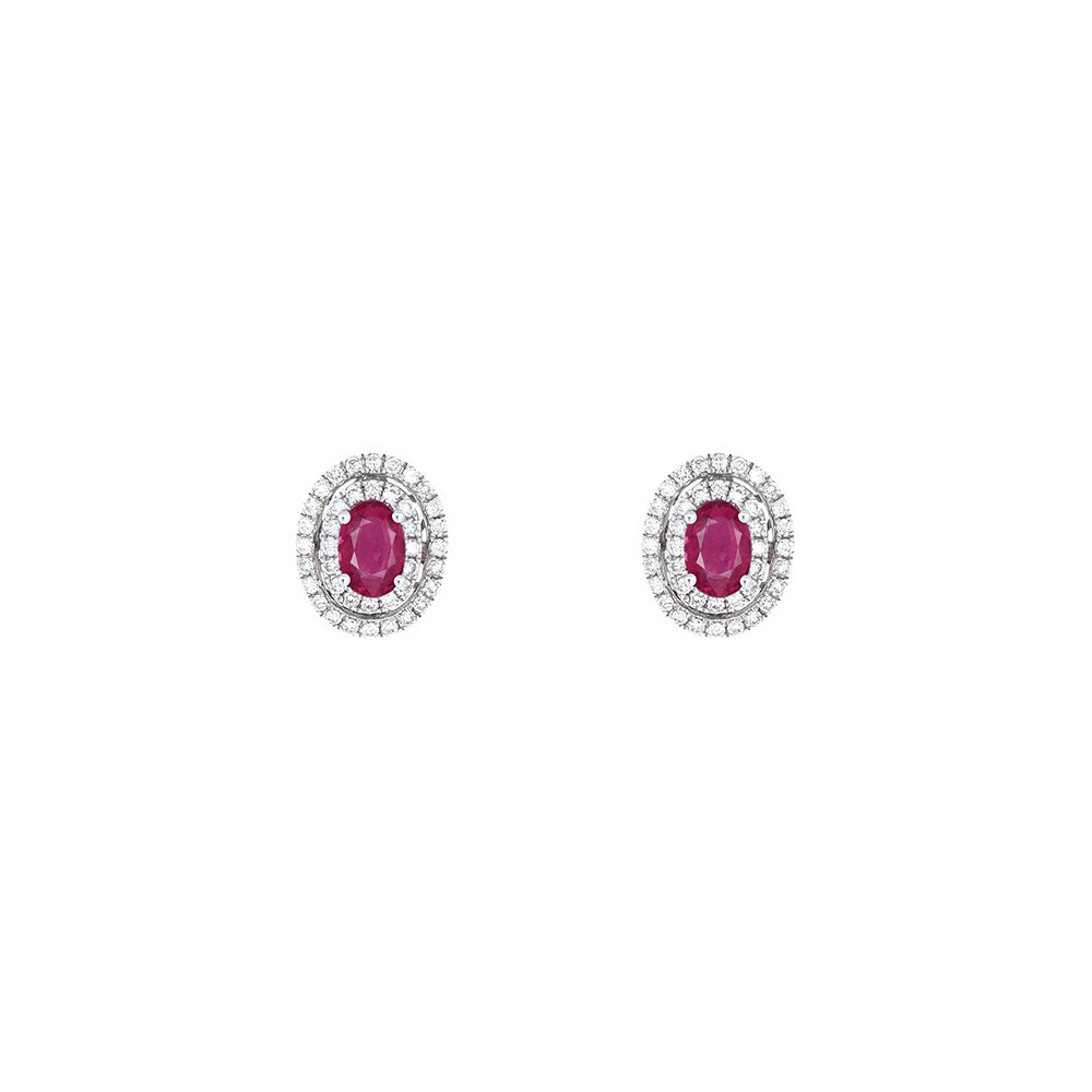 14 Karat White Gold Double Halo Earrings with Rubies and Diamonds