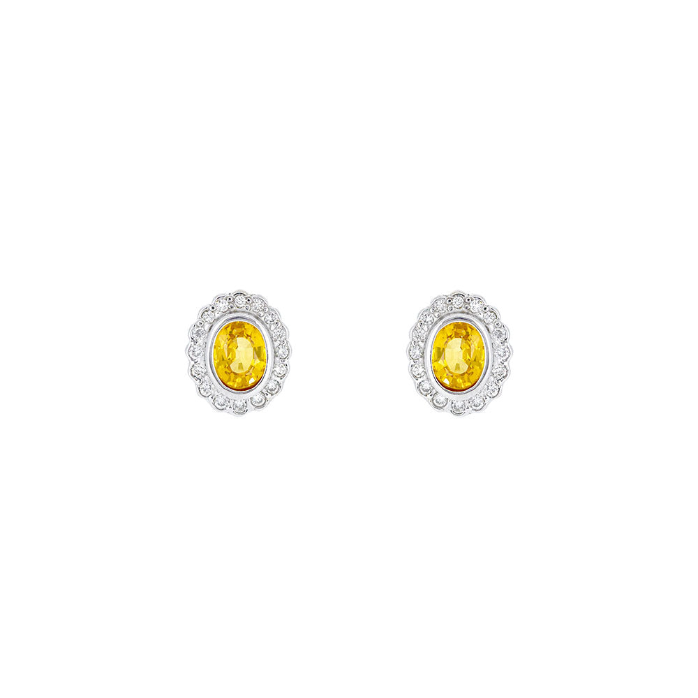 14 karat White Gold Halo Earrings with Yellow Sapphire and Diamonds