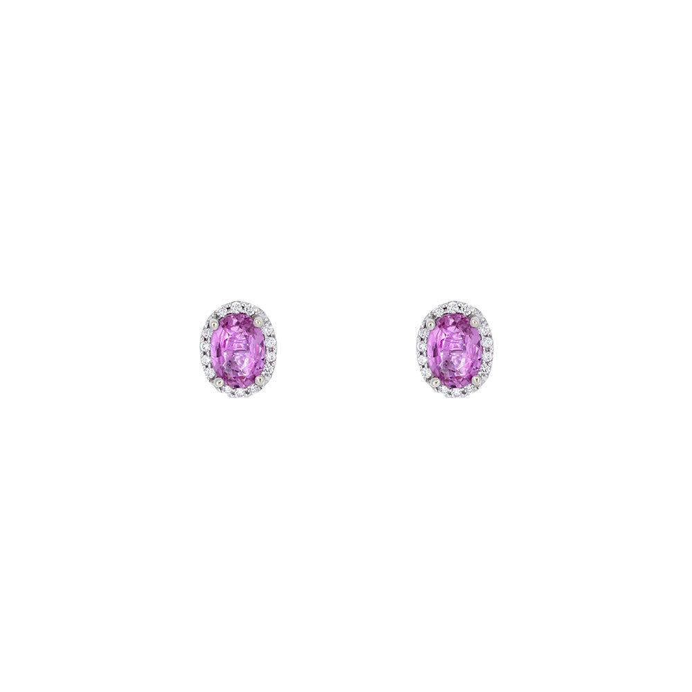14 Karat White Gold Halo Earrings with Pink Sapphires and Diamonds