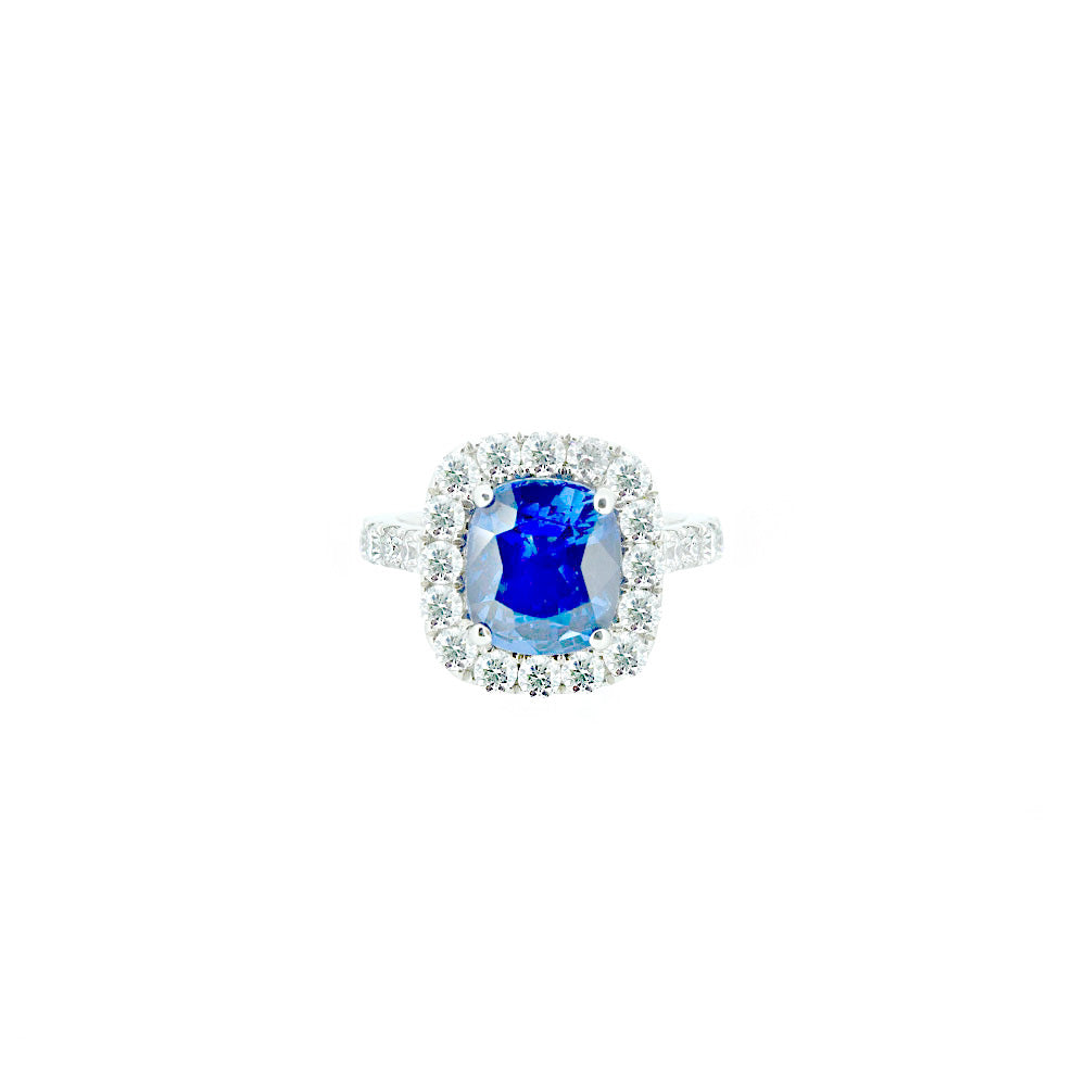 Platinum Ring with Cushion Cut Royal Blue Sapphire Diamond Halo