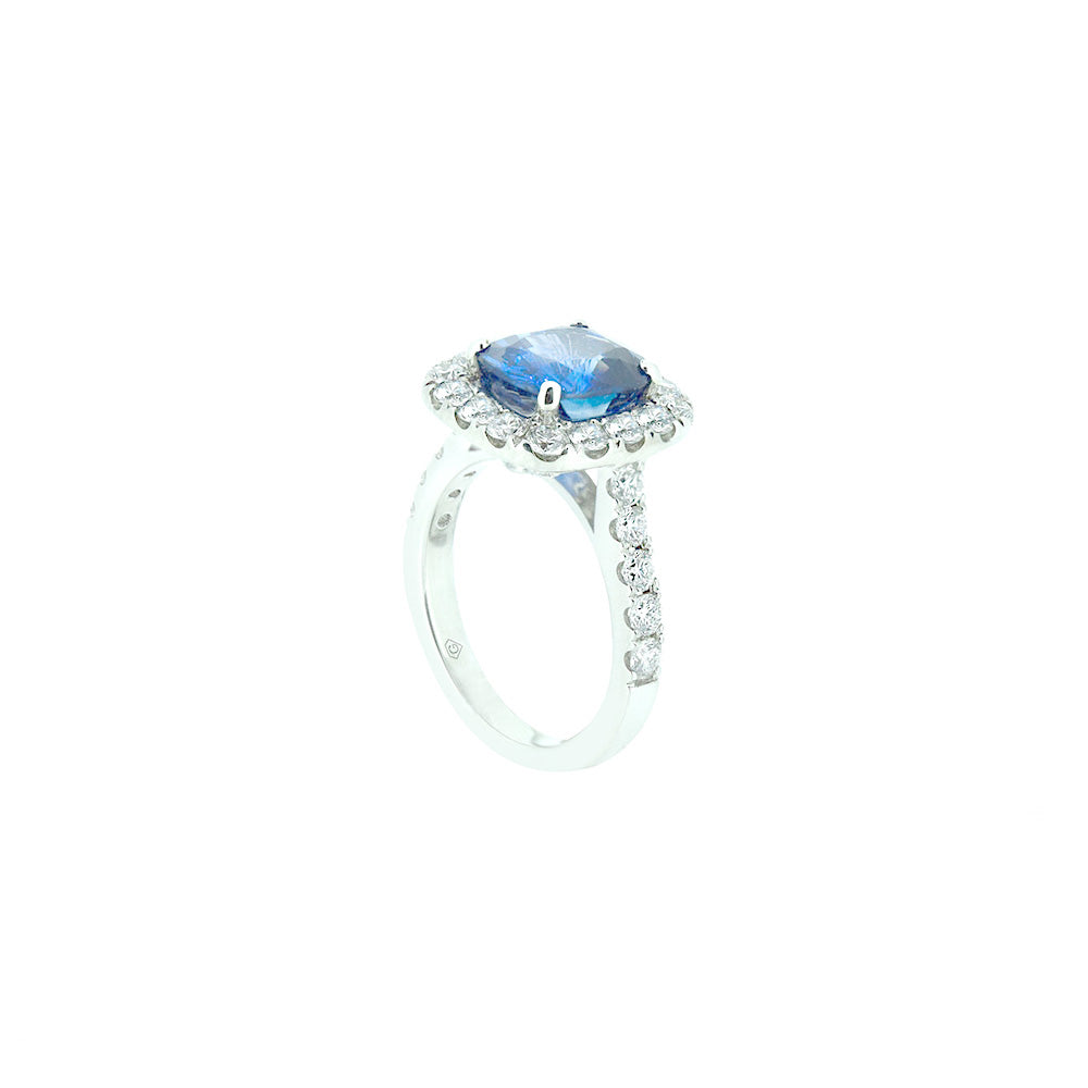 Platinum Ring with Cushion Cut Royal Blue Sapphire Diamond Halo