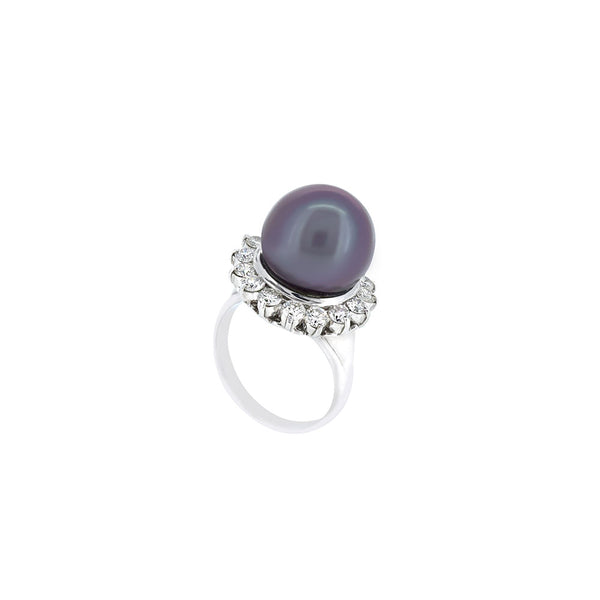 Platinum Halo Ring with Tahitian Pearl and Diamonds