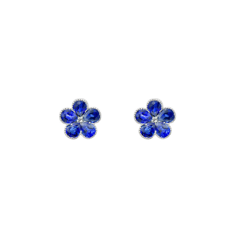 18 Karat White Gold Flower Stud Earrings with Blue Sapphire and Diamonds