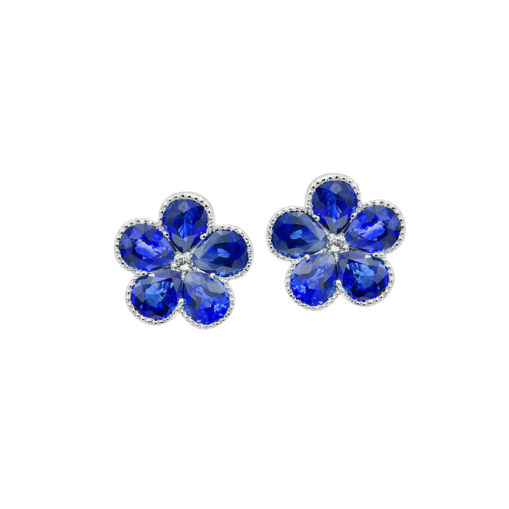 18 Karat White Gold Flower Stud Earrings with Blue Sapphire and Diamonds
