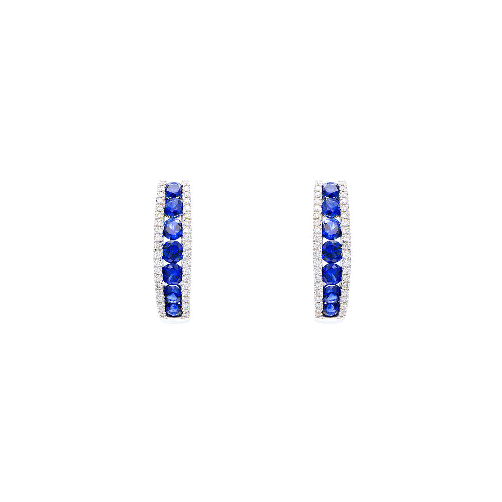 18 Karat White Gold Small Hoop Earrings with Blue Sapphire and Diamonds