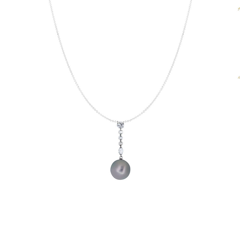 14 Karat White Gold Drop Necklace with Laser Drilled Tahitian Pearl and Diamonds