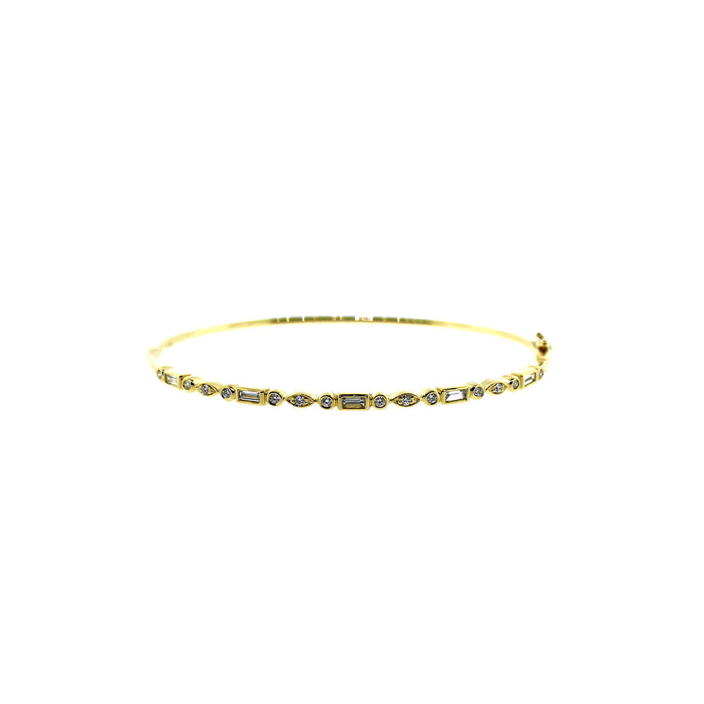 14 Karat Yellow Gold Hinged Oval Bangle with Round and Baguette Diamonds