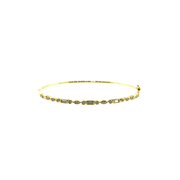 14 Karat Yellow Gold Hinged Oval Bangle with Round and Baguette Diamonds
