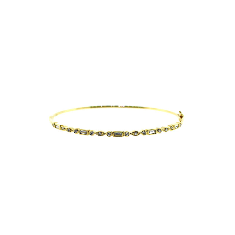 14 Karat Yellow Gold Hinged Oval Bangle with Round and Baguette Diamonds