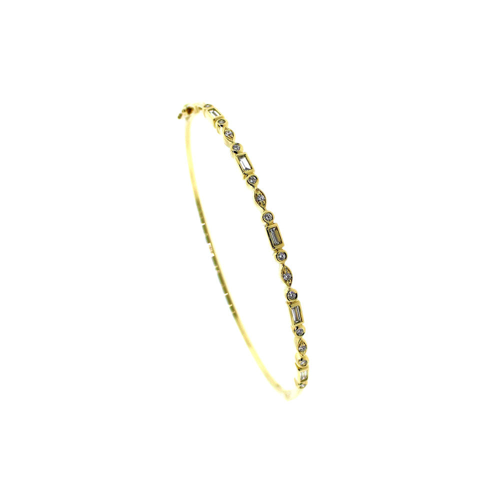 14 Karat Yellow Gold Hinged Oval Bangle with Round and Baguette Diamonds