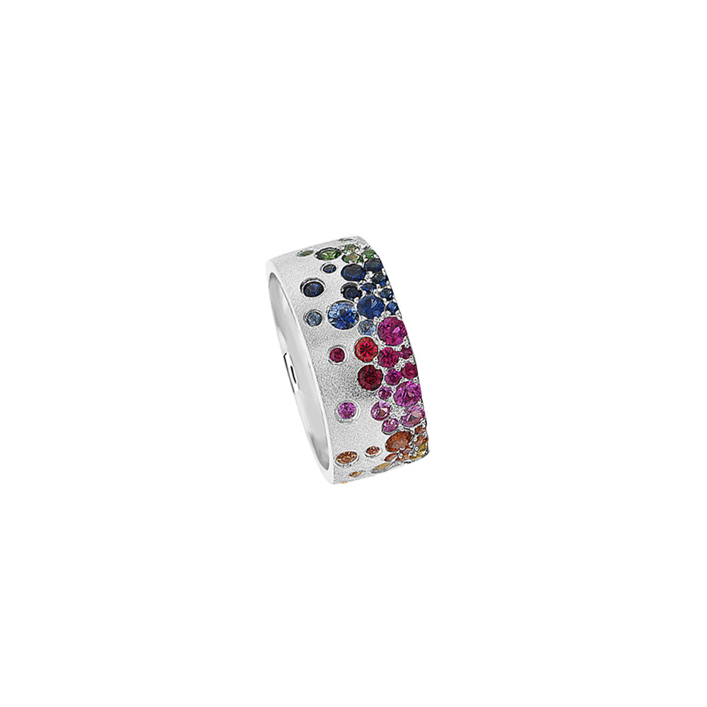 14 Karat White Gold Rainbow Flush Set Cigar Band with Multi Colored Sapphires and Tsavorite