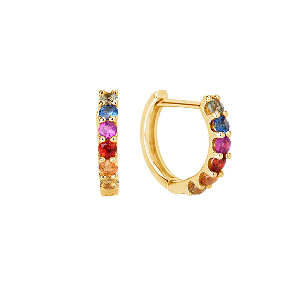 14 Karat Yellow Gold Huggy Earrings with Multi Colored Sapphires
