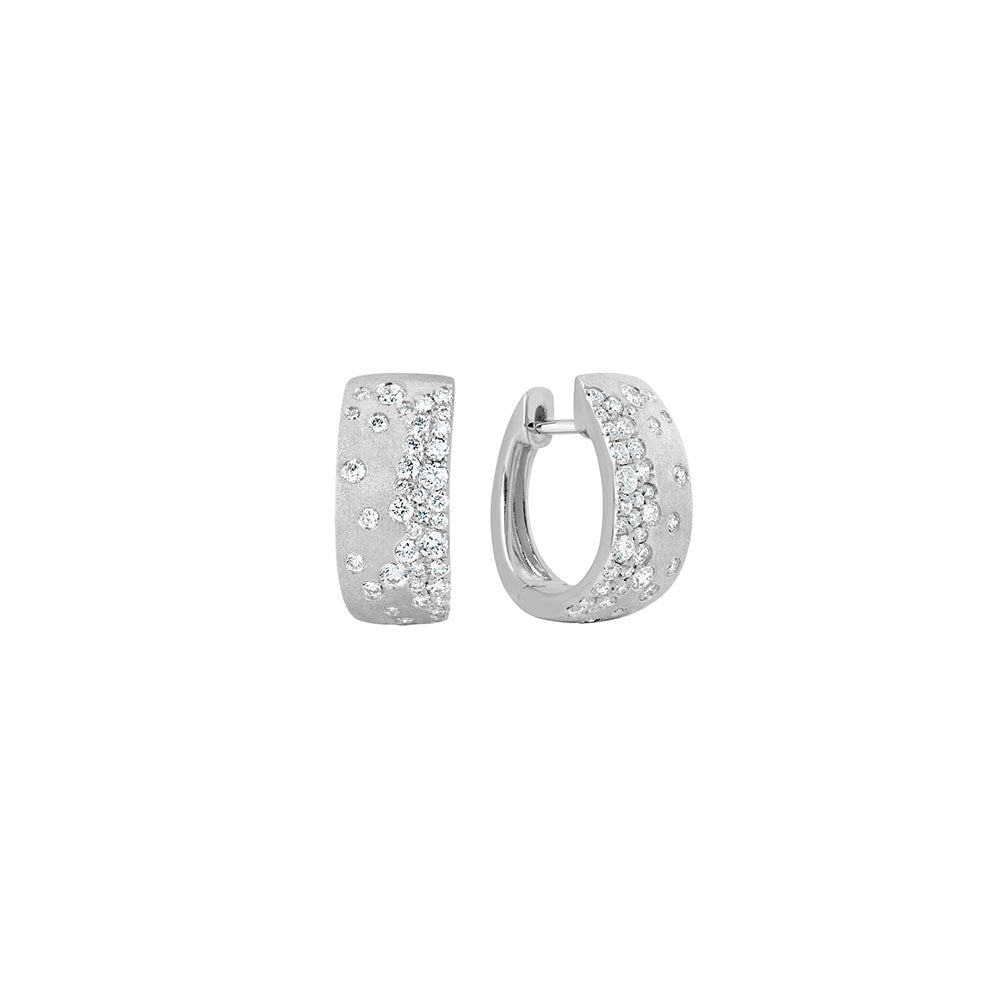 14 Karat White Gold Wide Huggy Earrings with Flush Set Diamonds