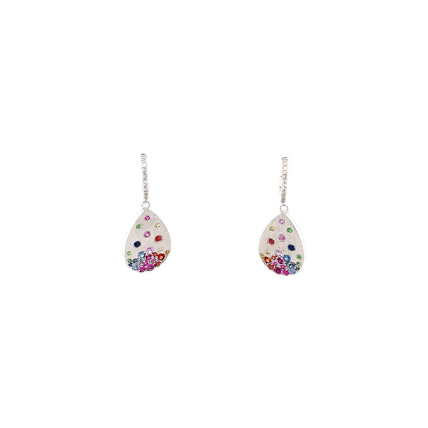 14 Karat White Gold Pear shape earrings with Multi Colored Sapphires and Tsavorites on Diamond Huggy